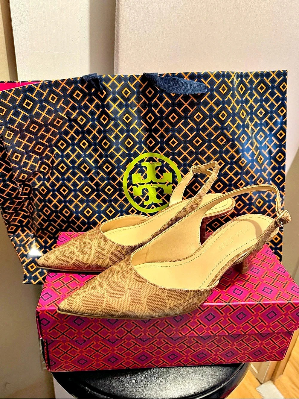 Tory Burch Geometric Slingback Heels in Brown & Orange Like New